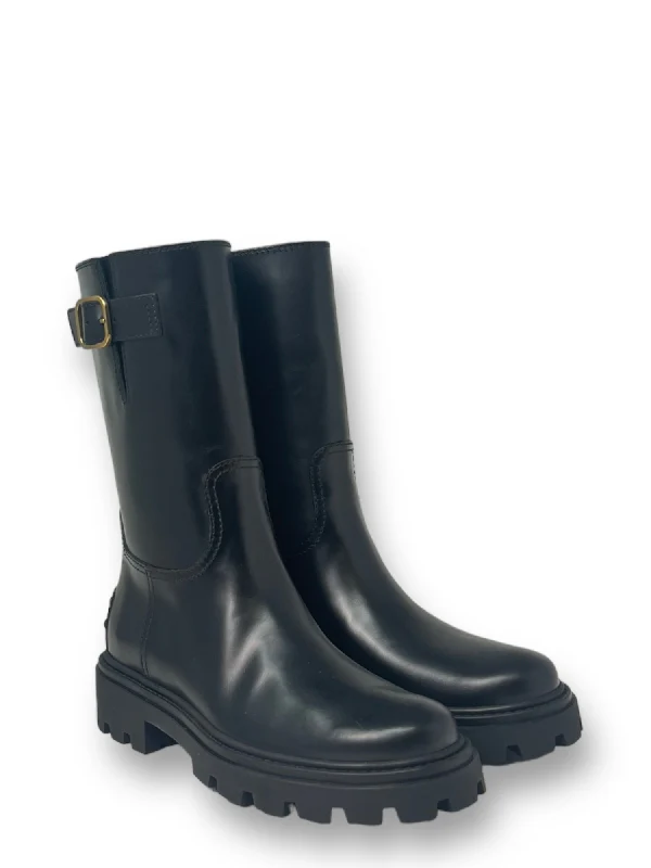 Buckle Strap Leather Middle Boots - Image 4