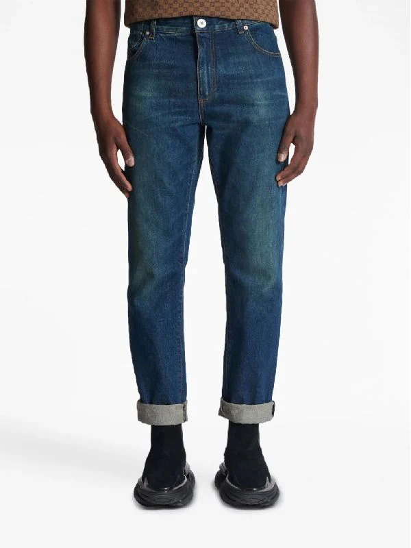 Back Logo Patch Turn-Up Denim Pants - Image 2