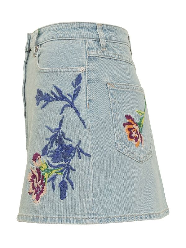 Drawn Flower Embroidery Denim Skirt - Image 3
