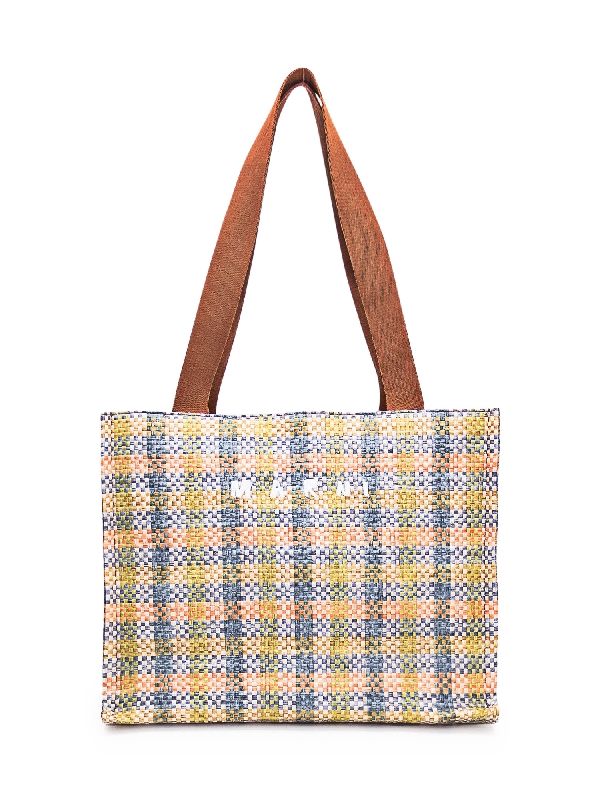 Logo Embroidery Check Raffia Tote Bag - Image 2