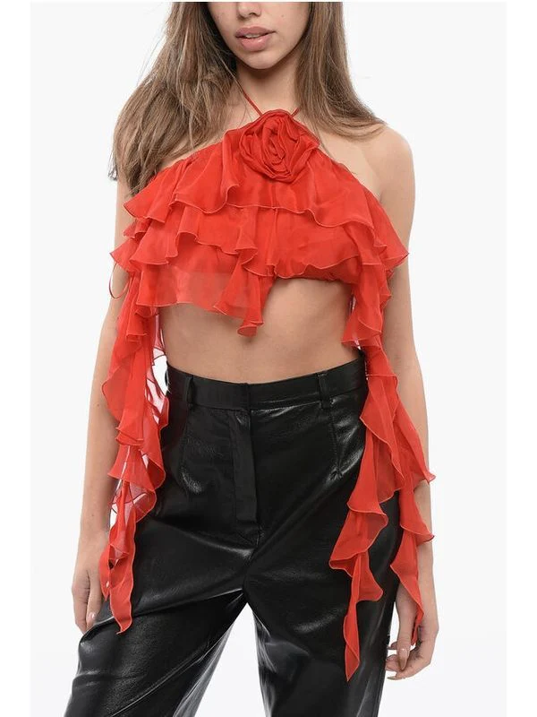 Flower Appliqué Ruffle Silk Sleeveless Top - Image 2