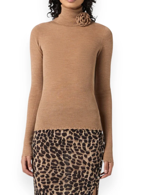 Flower Accent High Neck Virgin Wool Knit - Image 3