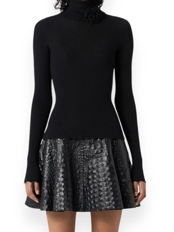 Flower Accent High Neck Virgin Wool Knit - Image 3