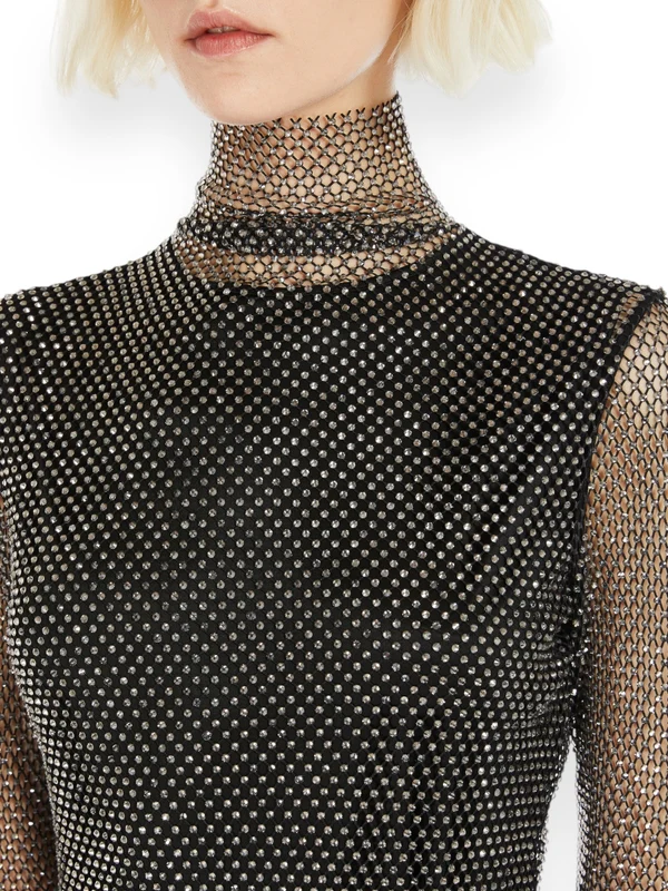Jewel Accent Fishnet Sheer High Neck Long Sleeve Top - Image 2
