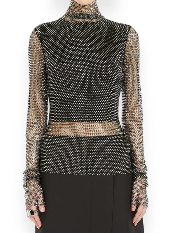 Jewel Accent Fishnet Sheer High Neck Long Sleeve Top - Image 4
