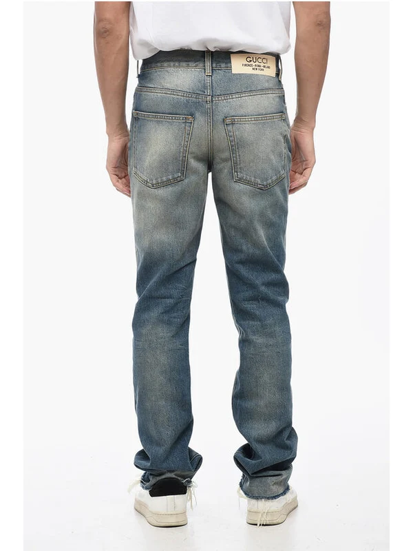 Skinny Fit Vintage Wash Denims with Fringed Hem 16cm Denim Pants - Image 2