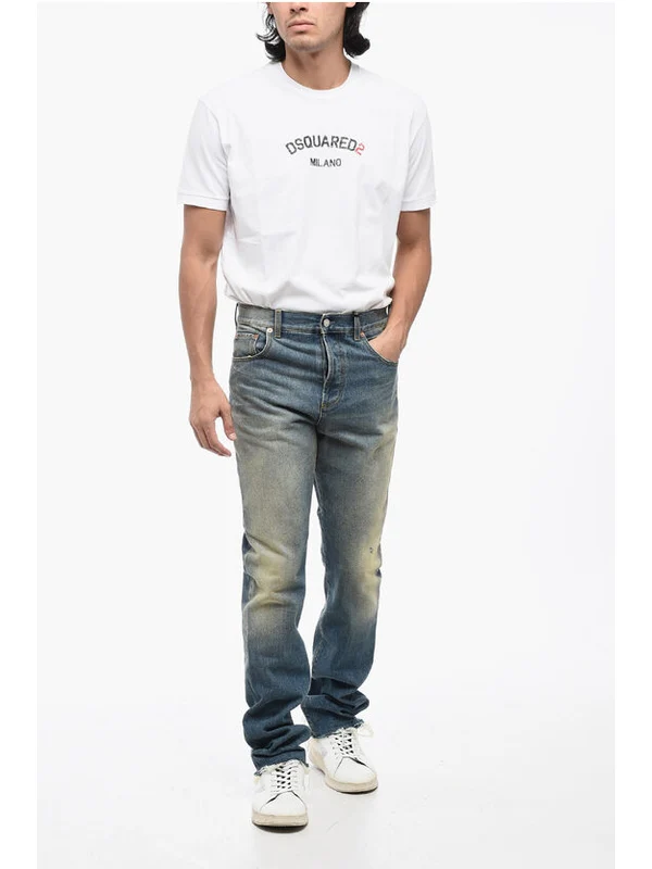Skinny Fit Vintage Wash Denims with Fringed Hem 16cm Denim Pants - Image 4