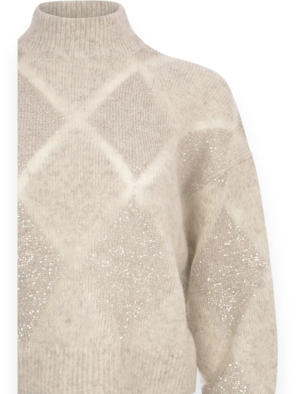 Diamond Pattern High-Neck Wool Mohair Knit - Image 2