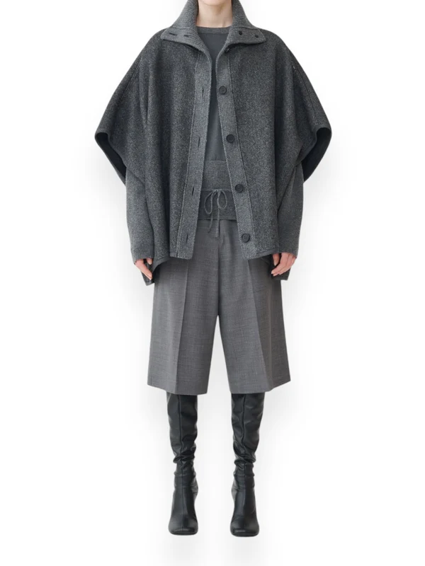 Grey High Neck Button Cape - Image 2