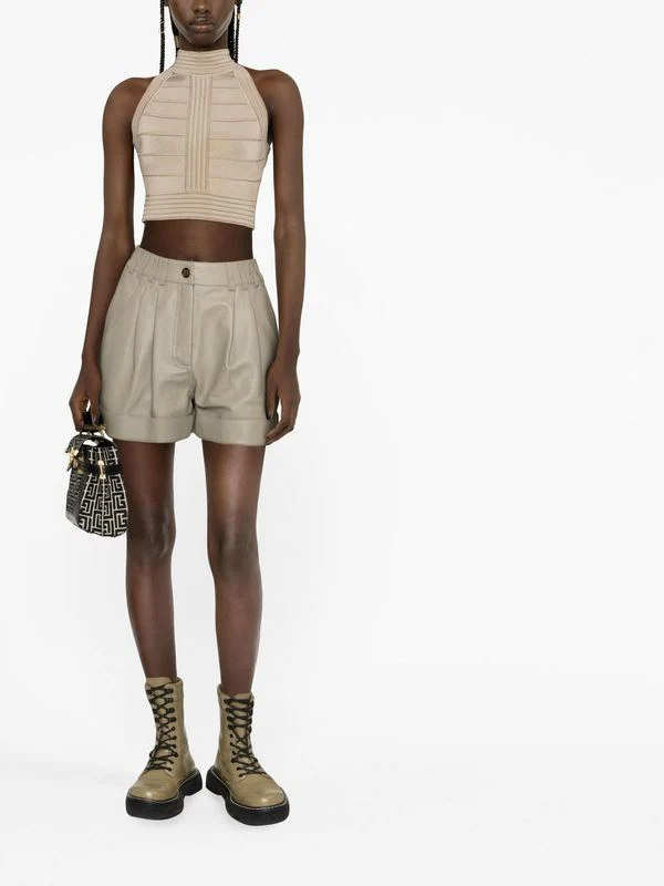 High-Waist Pintuck Leather Shorts - Image 2