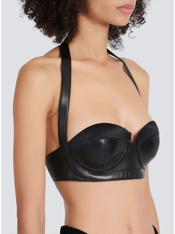 Halterneck Corset Leather Crop Top - Image 7