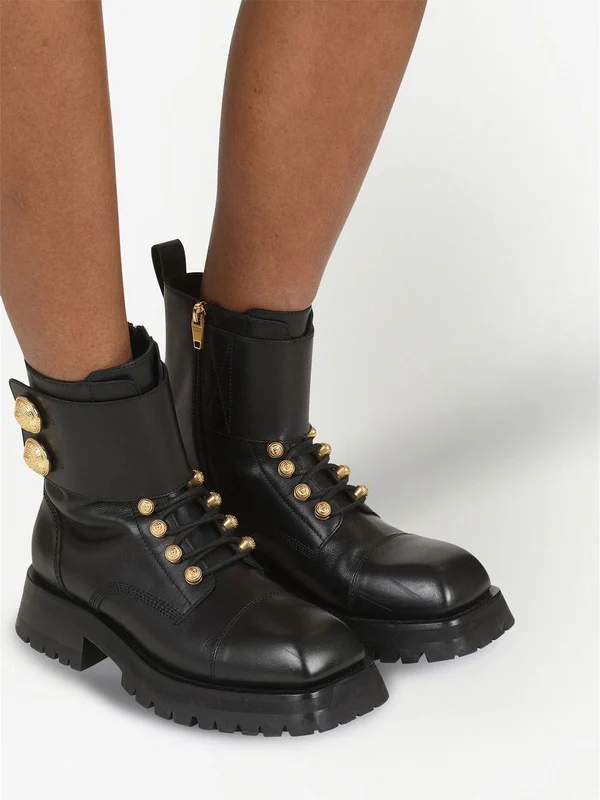 Button Detail Leather Lace-Up Boots - Image 5