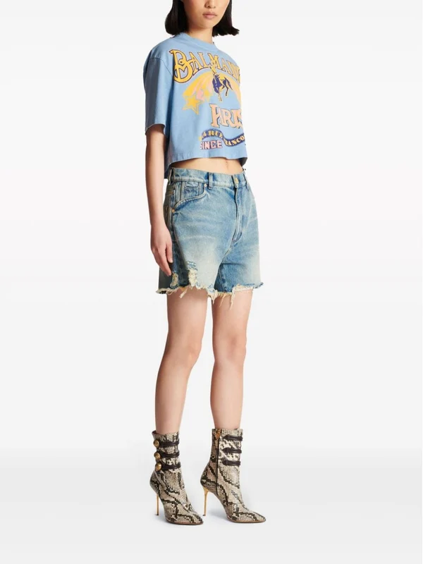 Distressed Cotton Denim Shorts - Image 2