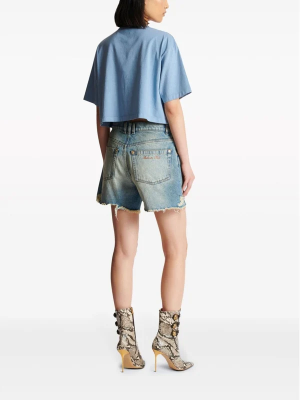 Distressed Cotton Denim Shorts - Image 3