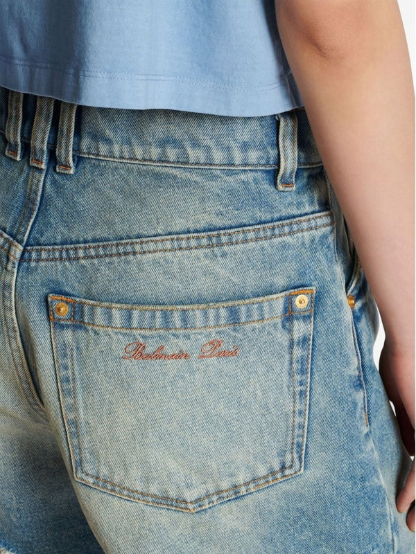 Distressed Cotton Denim Shorts - Image 4