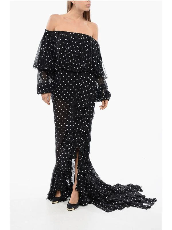 Off-Shoulder Dot Ruffle Silk Dress - Image 2