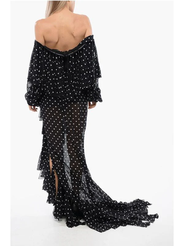 Off-Shoulder Dot Ruffle Silk Dress - Image 3