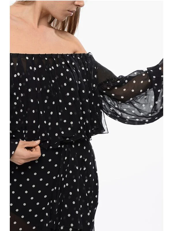 Off-Shoulder Dot Ruffle Silk Dress - Image 4