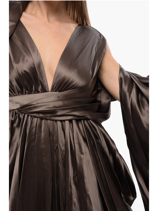 V-Neck Draped Silk Dress - Image 3