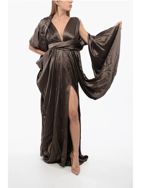 V-Neck Draped Silk Dress - Image 4