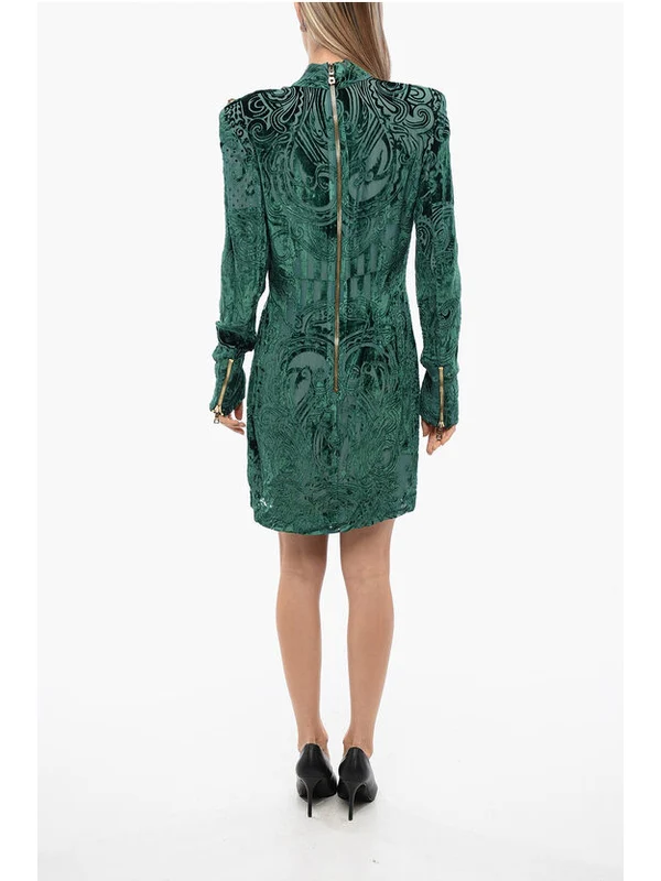 Shoulder Pad Pattern Velvet High-Neck Dress - Image 2