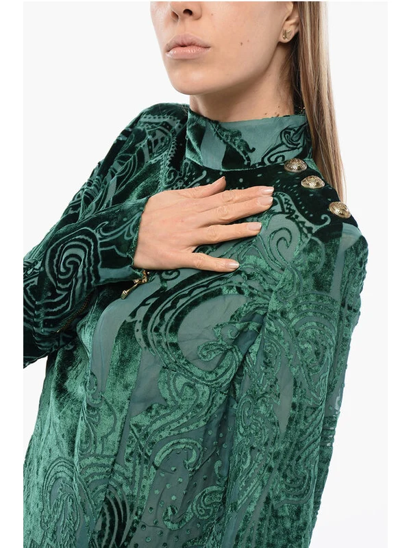 Shoulder Pad Pattern Velvet High-Neck Dress - Image 3