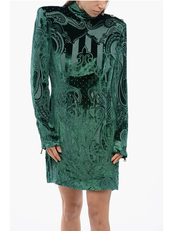 Shoulder Pad Pattern Velvet High-Neck Dress - Image 4