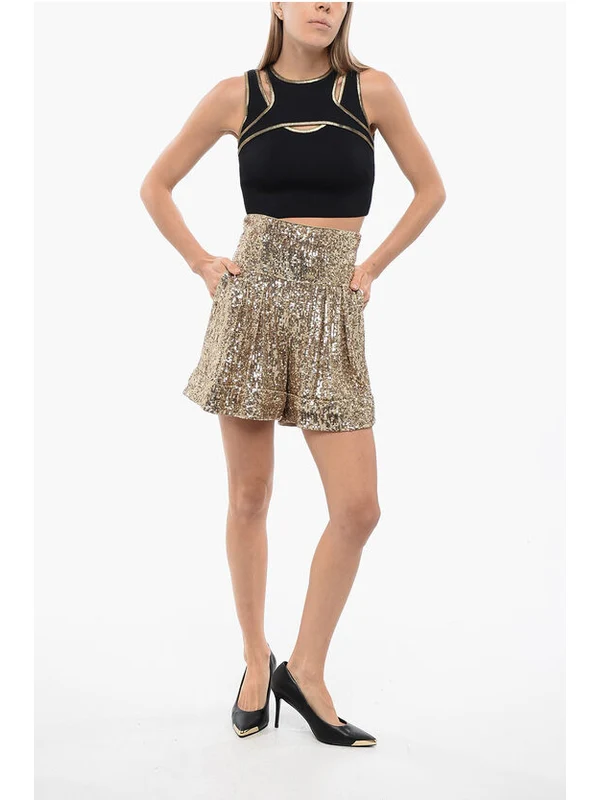 High-Waist Double Pleat Sequin Shorts - Image 4