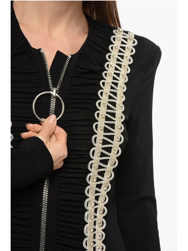 Front Zip Applique Shoulder Pad Dress - Image 3