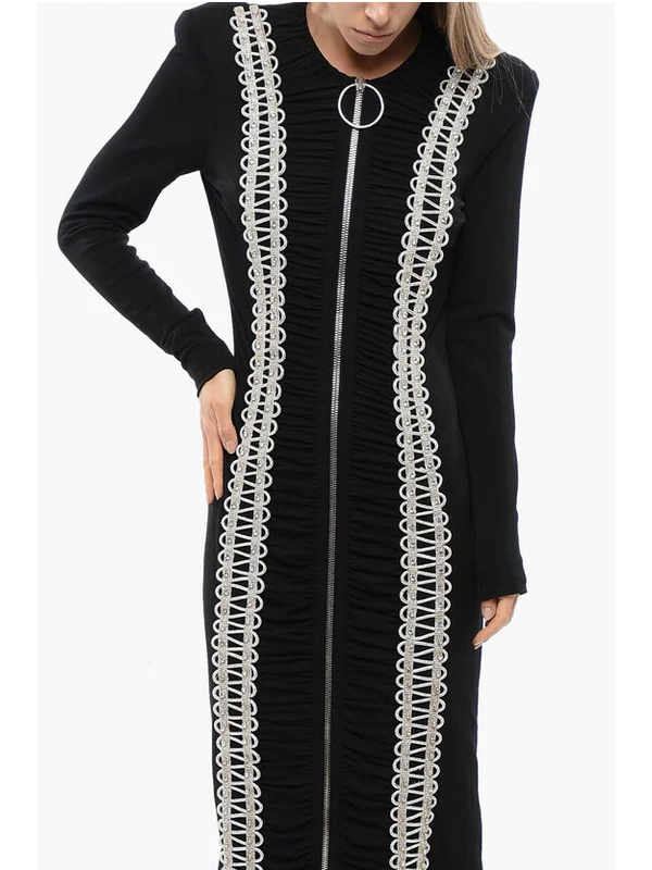 Front Zip Applique Shoulder Pad Dress - Image 4
