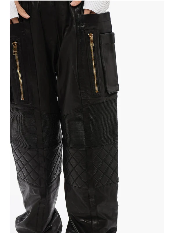 Multi-Pocket Quilted Insert Leather Pants - Image 3