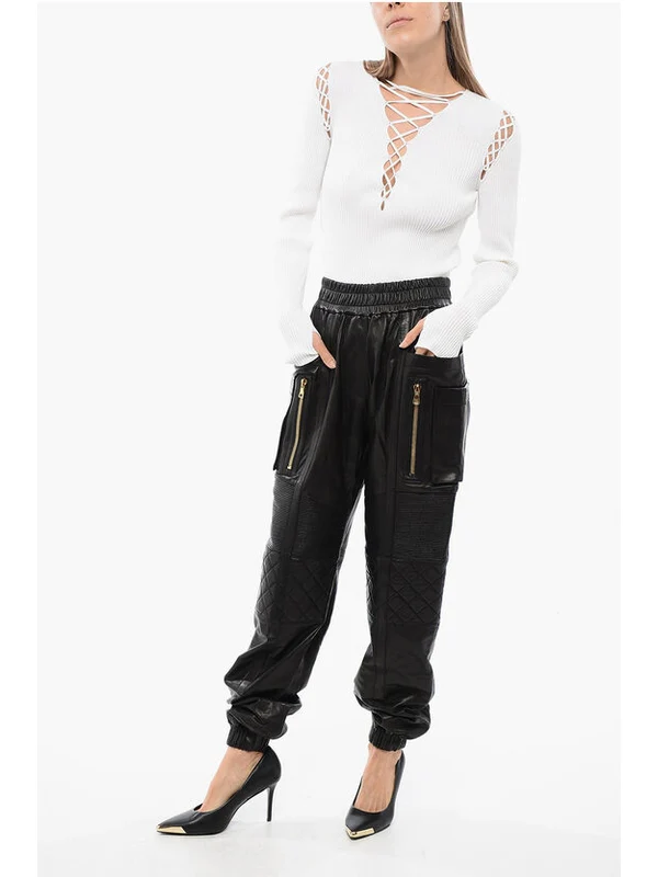Multi-Pocket Quilted Insert Leather Pants - Image 4