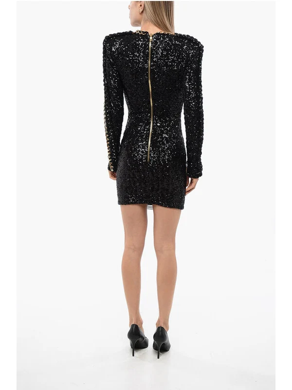 Chain Embellished Sequin Shoulder Pad Dress - Image 2