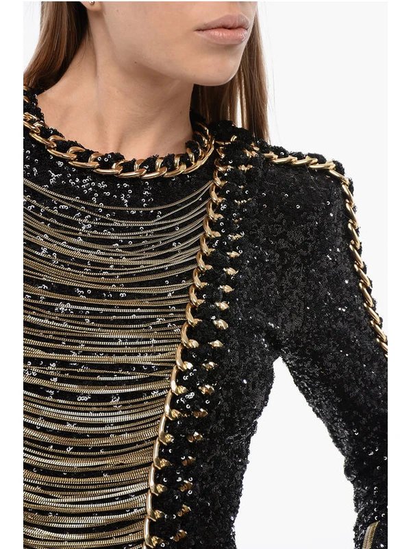 Chain Embellished Sequin Shoulder Pad Dress - Image 3