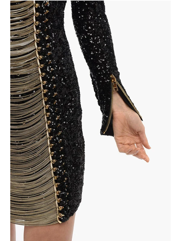 Chain Embellished Sequin Shoulder Pad Dress - Image 4