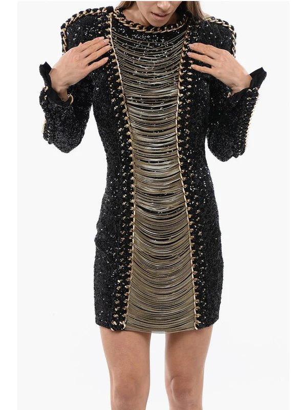 Chain Embellished Sequin Shoulder Pad Dress - Image 5