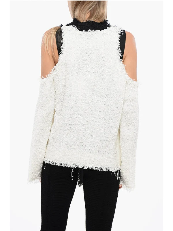 Shoulder Cutout Fringe Tweed Cardigan - Image 2