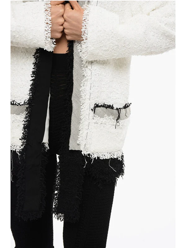 Shoulder Cutout Fringe Tweed Cardigan - Image 3
