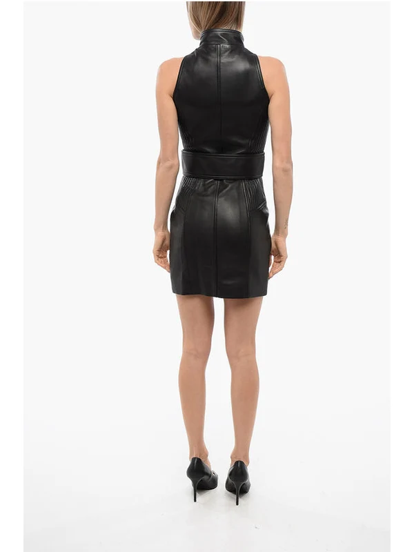 Front Zip High-Neck Leather Dress - Image 2