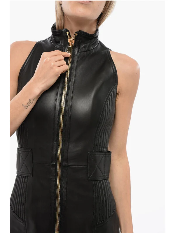 Front Zip High-Neck Leather Dress - Image 3