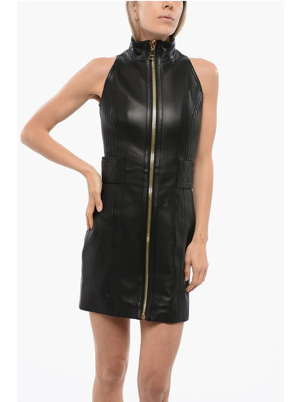 Front Zip High-Neck Leather Dress - Image 4
