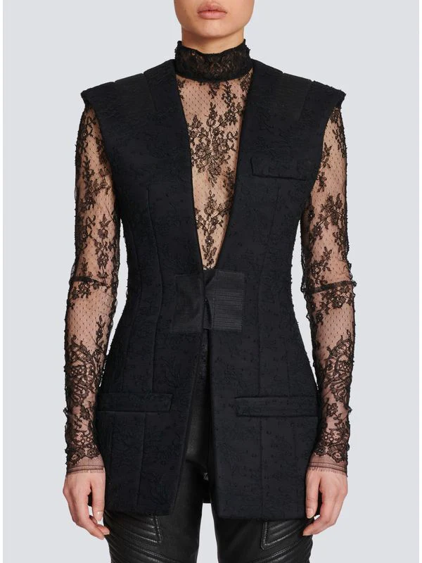 Shoulder Pad Single-Breasted Lace Vest - Image 2