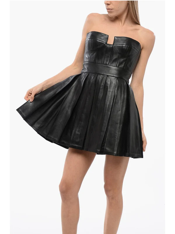 Bustier Pleated Leather Dress - Image 4