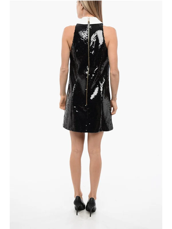 Logo Button Ruffle Collar Sequin Sleeveless Dress - Image 2