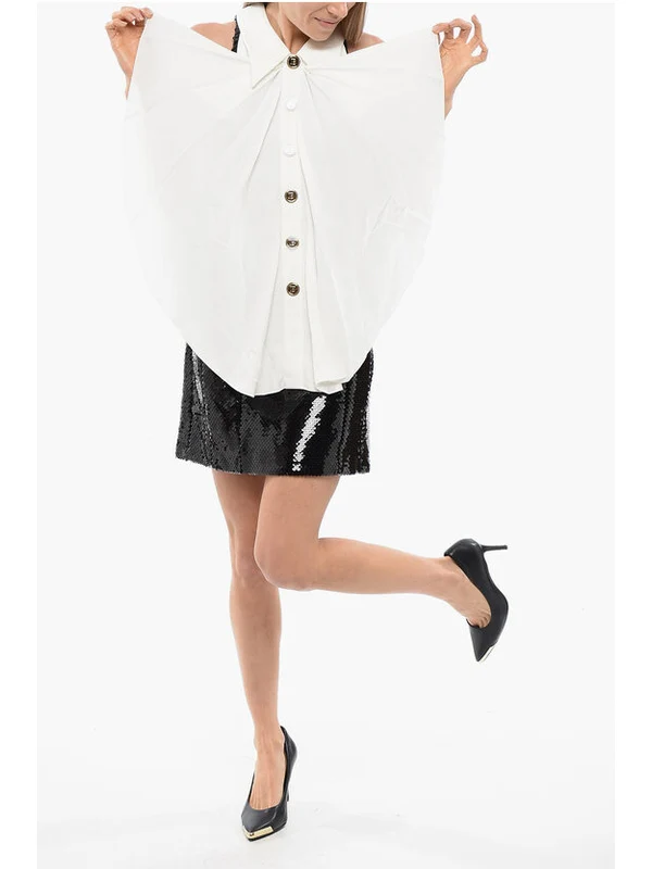 Logo Button Ruffle Collar Sequin Sleeveless Dress - Image 4