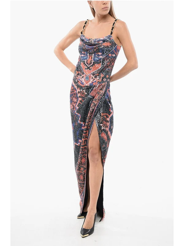 All-over Pattern Sequin Slit Sleeveless Dress - Image 4