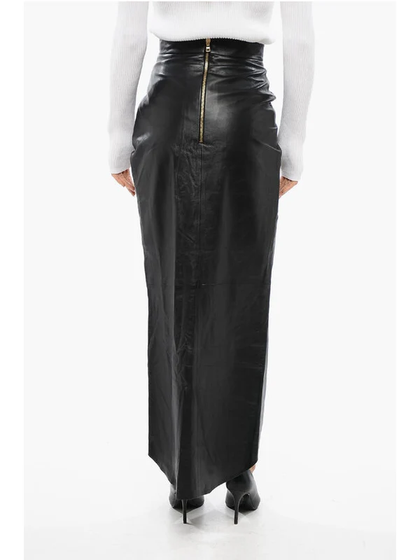 Pleated Wrap Leather Skirt - Image 2