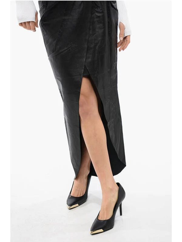 Pleated Wrap Leather Skirt - Image 3