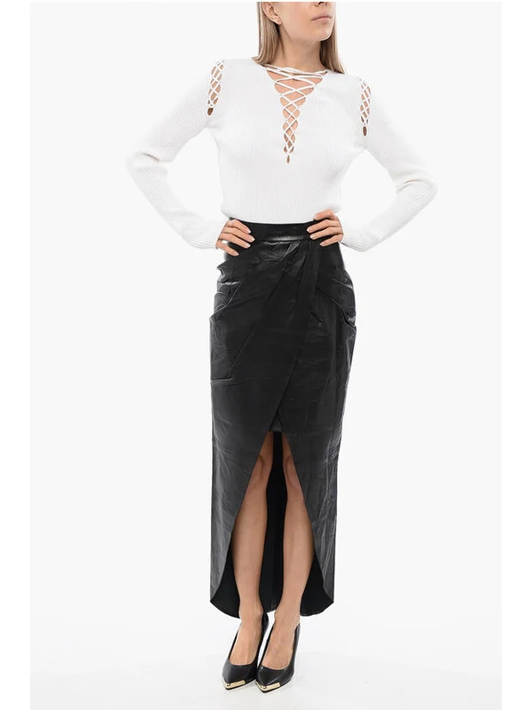 Pleated Wrap Leather Skirt - Image 4