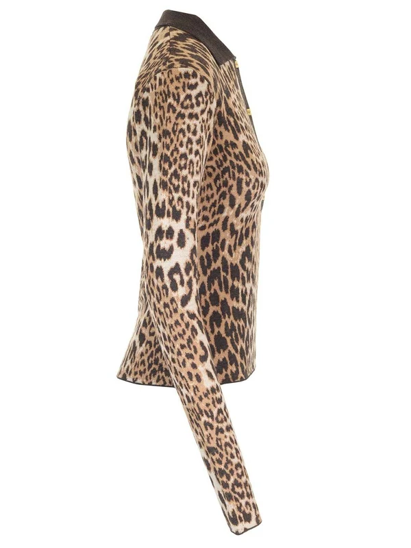 Leopard Pattern Wool Polo Sweater - Image 3